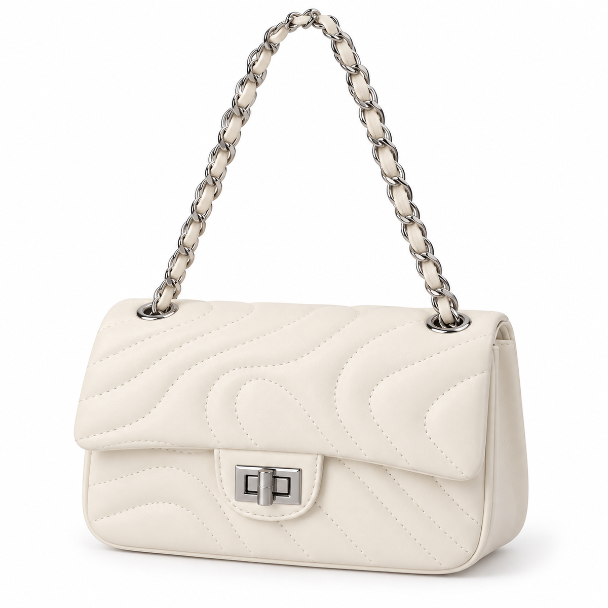 Wave-Quilted Chain Shoulder Bag